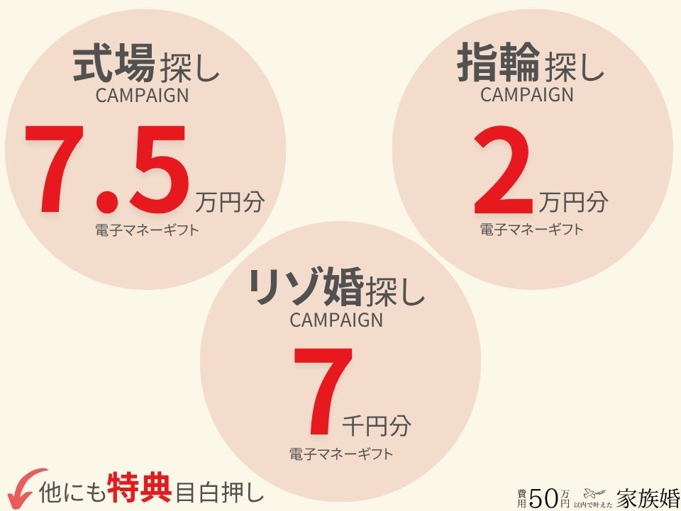 ゼクシィキャンペーン特典一例
①式場探し:7.5万円分の電子マネーギフト
②指輪探し:2万円分の電子マネーギフト
➂リゾ婚探し:7千円分の電子マネーギフト