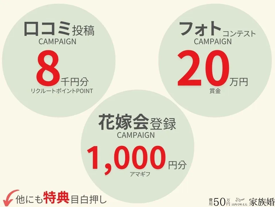 ゼクシィ他のキャンペーン一例

①口コミ投稿キャンペーン：8千円分のリクルートポイント

②フォトコンテストキャンペーン：20万円の賞金

➂花嫁会登録キャンペーン：1000円分のアマギフ