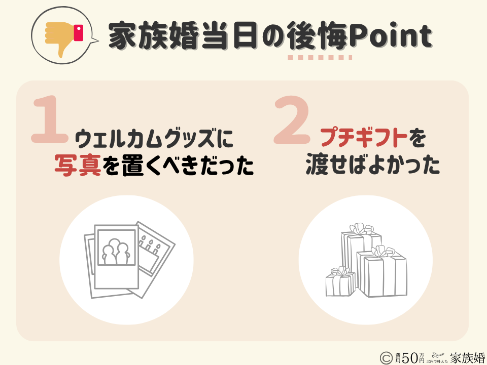 家族婚当日の気付き|後悔Point
①ウェルカムグッズに写真を置くべきだった
②プチギフトを渡せば良かった