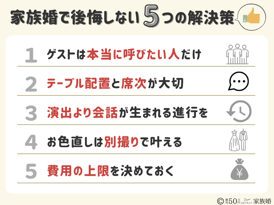 身内だけの結婚式で後悔しない5つの解決策
①ゲストは本当に呼びたい人だけ
②テーブル配置と席次が大切
③演出より会話が生まれる進行を
④お色直しは別撮りで叶える
⑤費用の上限を決めておく