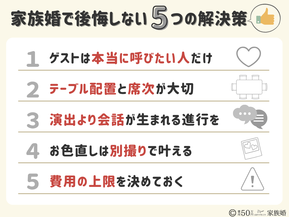 身内だけの結婚式で後悔しない5つの解決策 ①ゲストは本当に呼びたい人だけ ②テーブル配置と席次が大切 ③演出より会話が生まれる進行を ④お色直しは別撮りで叶える ⑤費用の上限を決めておく