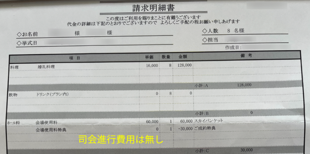 司会なしでコスパよく家族婚を成功させた3つの工夫①会場スタッフの進行で司会料0円|実際の請求明細書