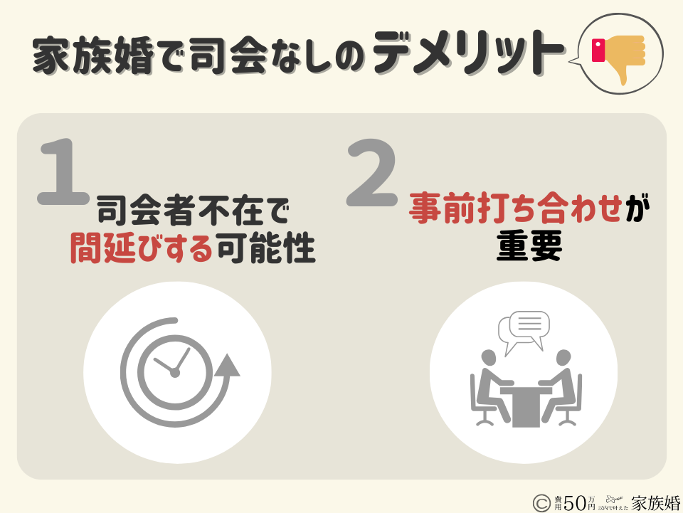 家族婚で司会なしのデメリット
①司会者不在で間延びする可能性
②事前の打ち合わせが重要